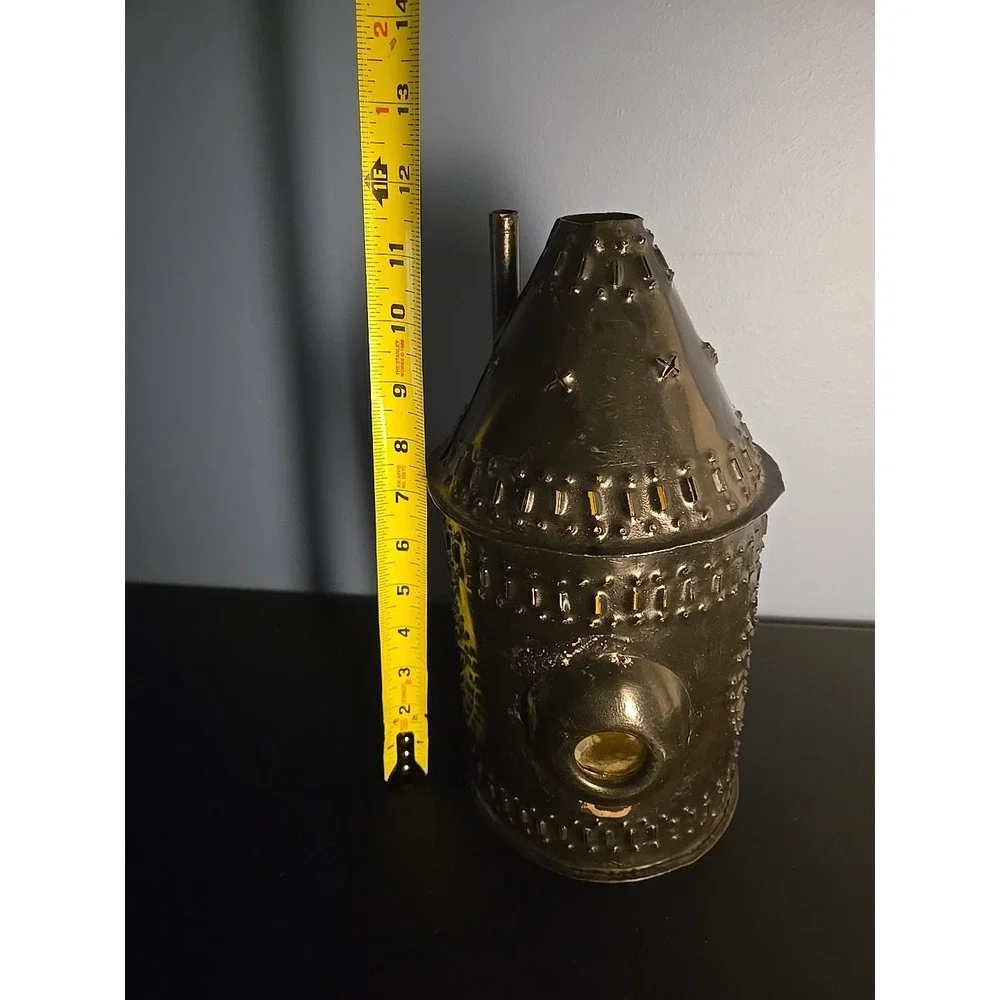 Punched Tin Candle Lantern‎ Side Smoke Stack Double Glass Lenses Bullseye